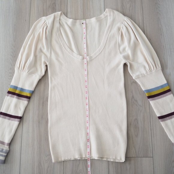 Free People Cream Long Puffed Striped Sleeve Ribbed Knit Sweater Sz Medium Boho - Picture 11 of 15